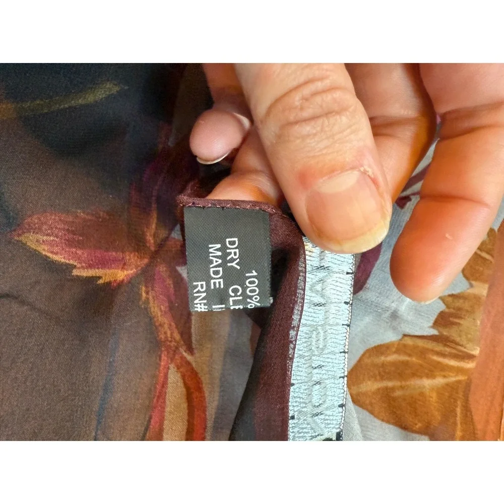 Halston Silk Scarf Autumn Leaves Sheer | Black White Brown |‎ 20